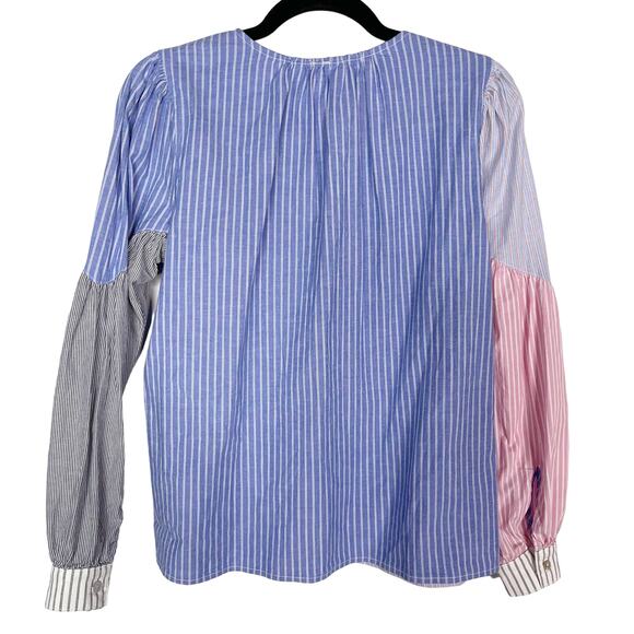Anthropologie Amadi Small Blue Pink Carice Button Down Striped Patchwork Blouse - Picture 2 of 13